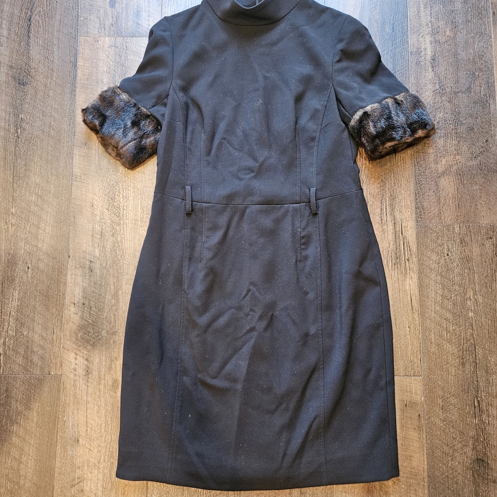 Anne Klein Elegant Black Dress with Faux Fur Accents